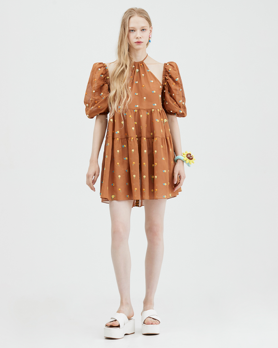 Small Flowers Embroidered Tie Neck Dress