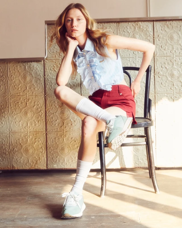 Ruffle-Trim Sleeveless Top paired with Kloset Linen Shorts.  #klosetSS25 #WhenWeWereYoung