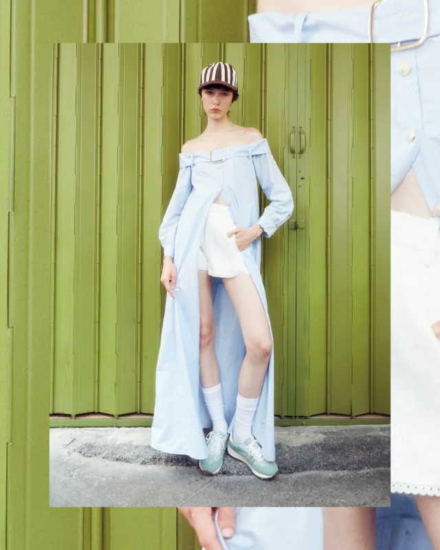 Simplicity with a statement twist. Buckle Off-Shoulder Dress.  #klosetSS25 #WhenWeWereYoung