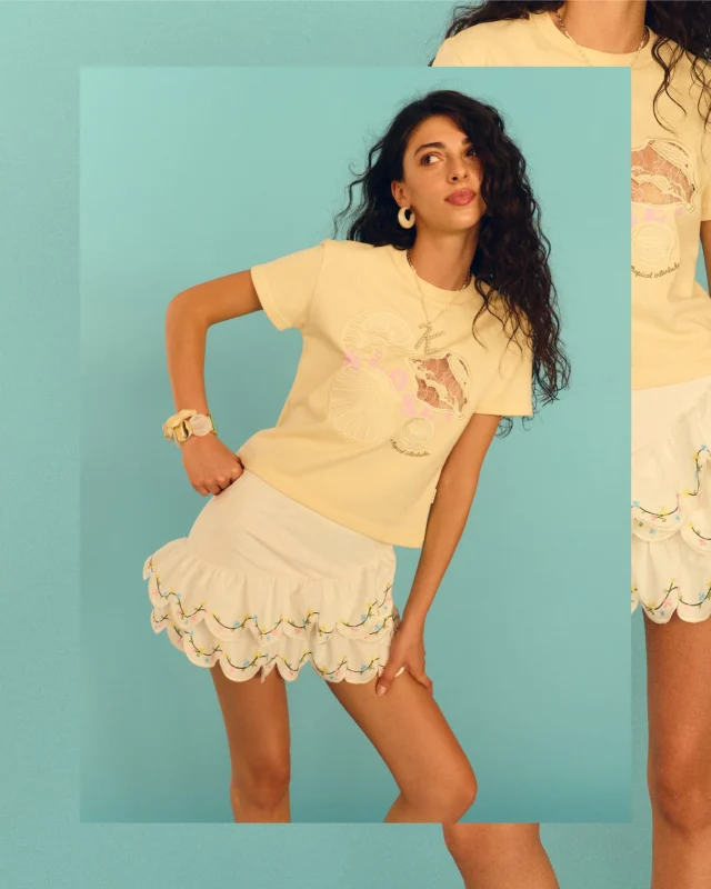 Sea Shell Eyelet Tee —
a soft pastel crop, delicately embroidered with shell eyelets,
echoing the warmth of sunlit sands and quiet coastal hues.  Light, effortless, and touched by summer —
a gentle expression of coastal charm.  #KlosetSS26
#KlosetLettingGo