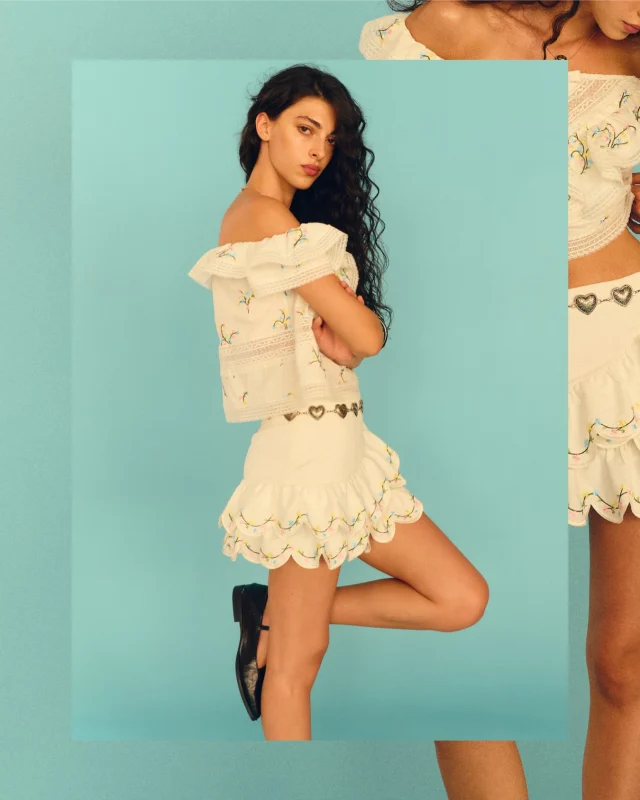 Coral Embroidered Scallop Skirt —
coral motifs drift across a softly sculpted silhouette,
finished with fluid scallops that move with ease.  A quiet flirtation with summer.  #KlosetSS26
#klosetlettinggo