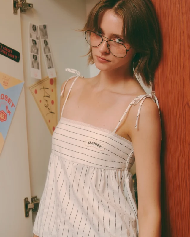 Quietly stealing the spotlight.
Kloset Striped Tie-shoulder camisole finished with delicate lace trims and tie straps—made for effortless everyday styling.  #KlosetLS26
#KlosetAtYourBest