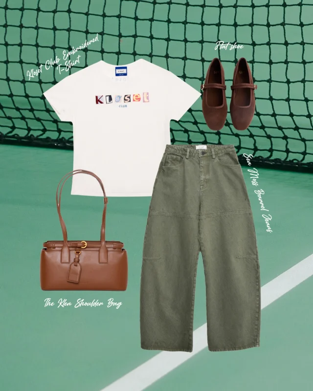 Earthy tones, timeless mood.
Pair the Kloset Club Embroidered T-Shirt with Sea Moss Barrel Pants, finished with warm brown accessories for an effortlessly chic look.  #KlosetLS26
#KlosetAtYourBest
