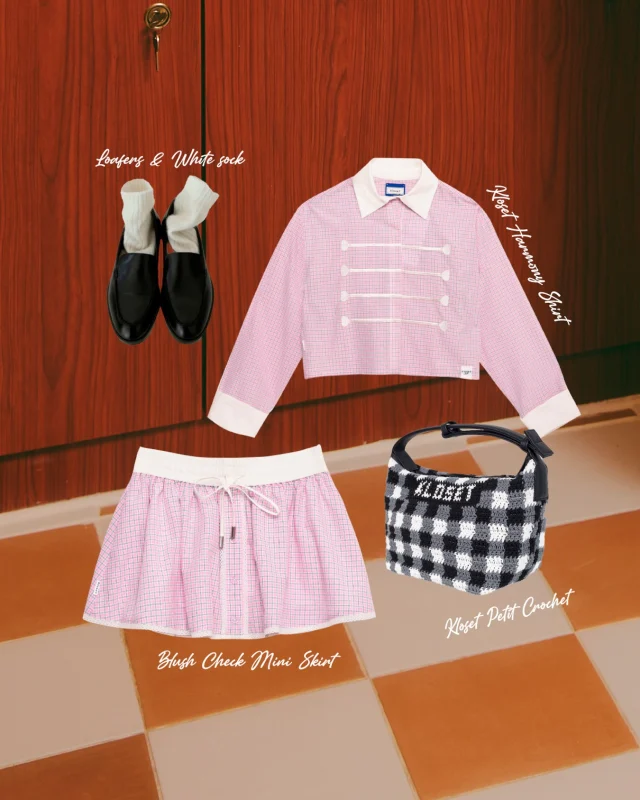 The pink set we’re obsessed with. 💗
Kloset Harmony Shirt paired with the Blush Check Mini Skirt, finished with our Petit Crochet Bag.  #KlosetLS26
#KlosetAtYourBest