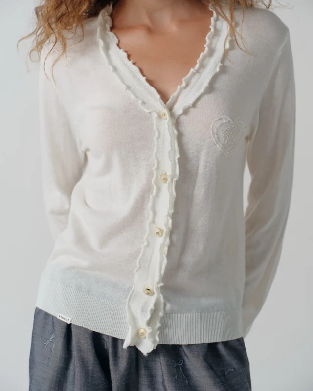 Some mornings just call for your favorite cardigan.  Lightweight, delicate, and finished with romantic ruffle edges and signature heart embroidery—Morning Glow Cardigan is made to complete every outfit with effortless charm.  #KlosetPF26
#KlosetICantStop