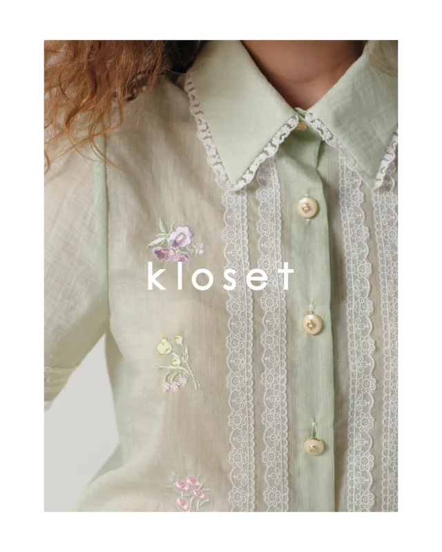 Delicate blooms meet intricate lace details. 
The Petal Embroidered Lace Shirt, finished with floral embroidery, scalloped lace trims, and signature gold-tone buttons in a soft sage green.  #KlosetPF26
#KlosetICantStop
